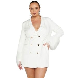 Showpo. Women's Rhziza Blazer Tuxedo Dress Feather Trim White Size 16
